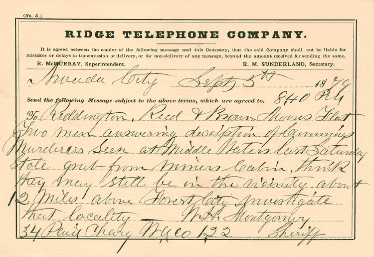 Ridge Telephone Company message sheet